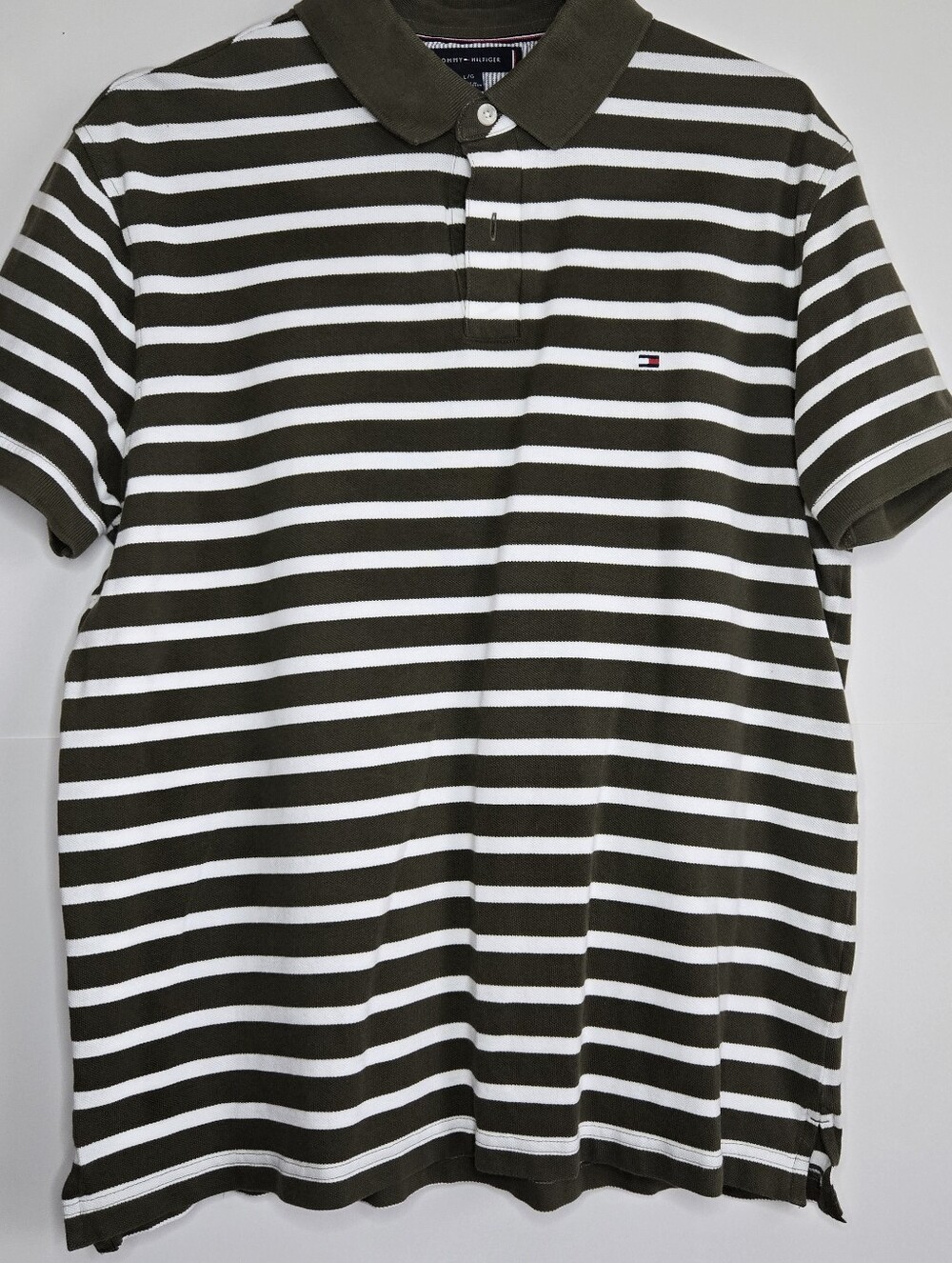 Tommy Hilfiger Men’s Olive Green & White Striped Polo